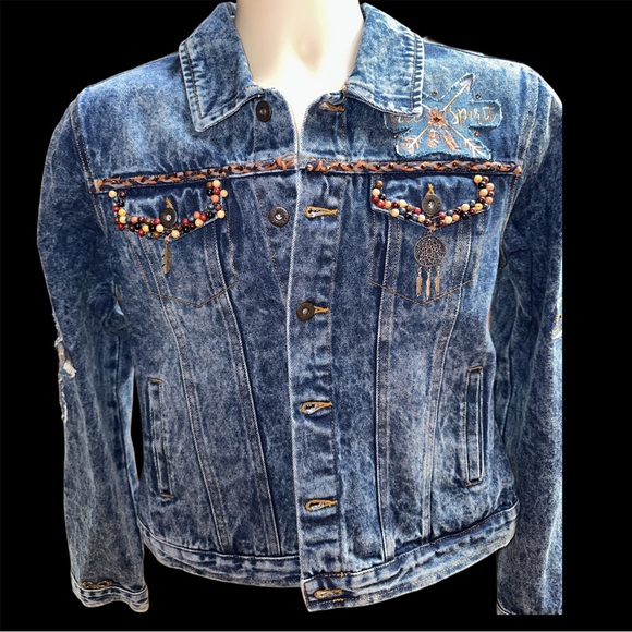 Native American Woman Embroidered Crystal Embellished Jean Jacket - Picture 3 of 12